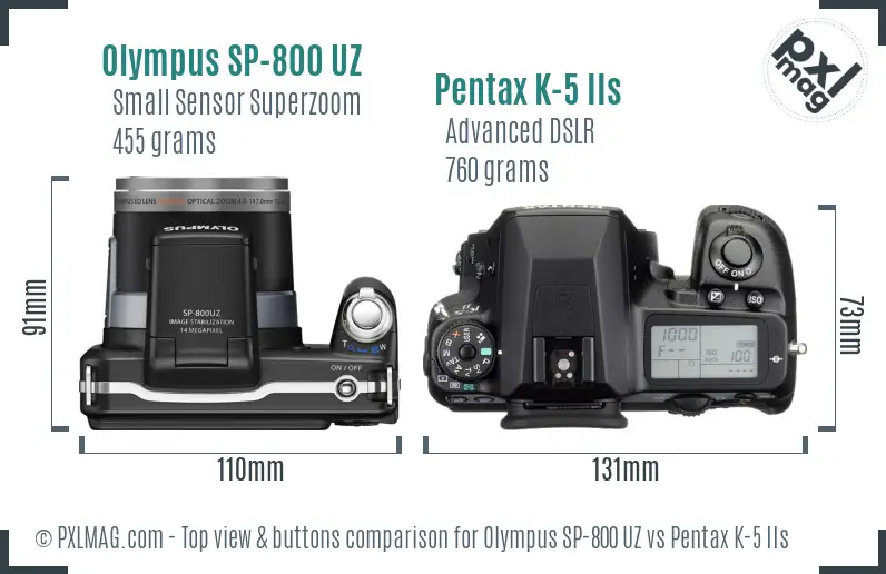 Olympus SP-800 UZ vs Pentax K-5 IIs top view buttons comparison