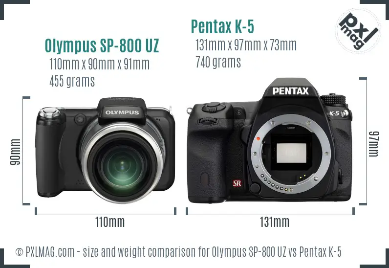 Olympus SP-800 UZ vs Pentax K-5 size comparison