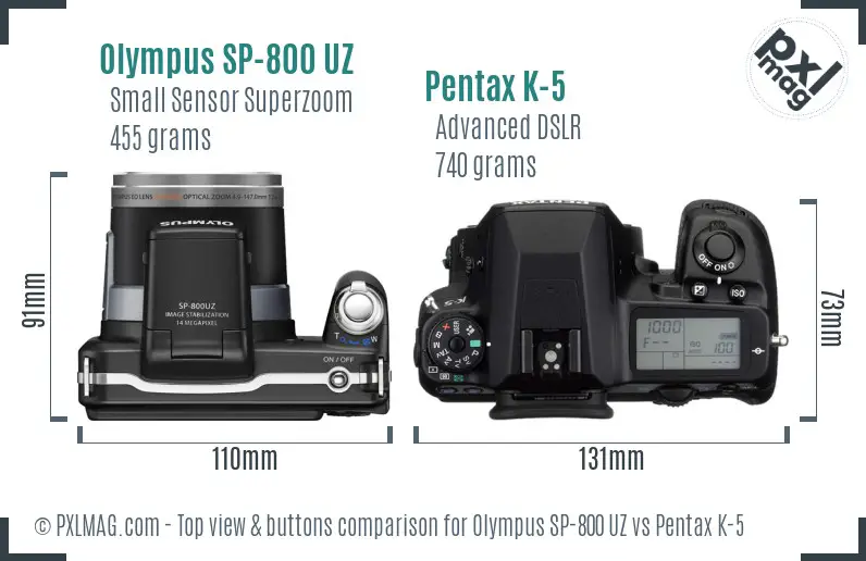 Olympus SP-800 UZ vs Pentax K-5 top view buttons comparison
