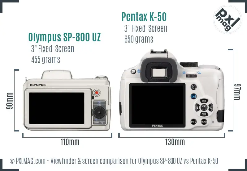 Olympus SP-800 UZ vs Pentax K-50 Screen and Viewfinder comparison