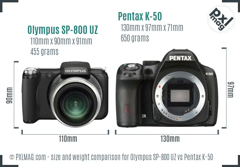 Olympus SP-800 UZ vs Pentax K-50 size comparison