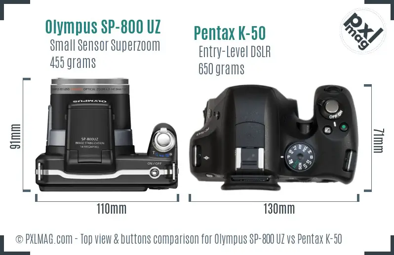 Olympus SP-800 UZ vs Pentax K-50 top view buttons comparison