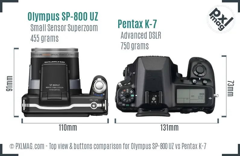 Olympus SP-800 UZ vs Pentax K-7 top view buttons comparison