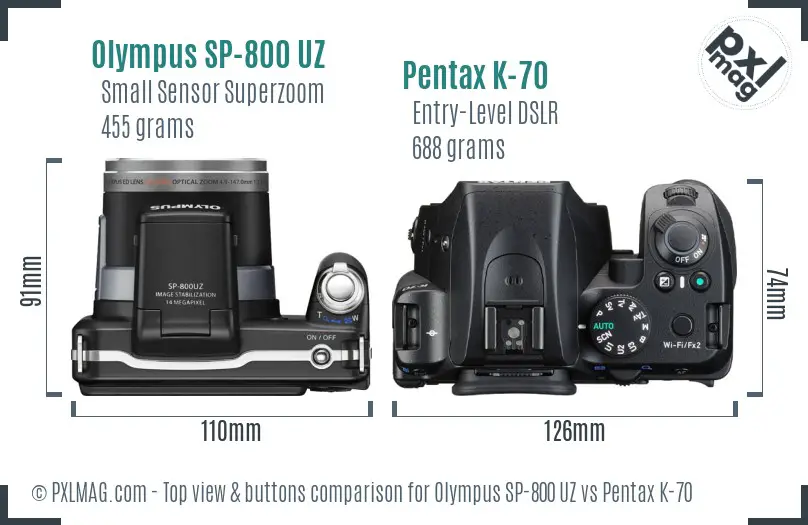 Olympus SP-800 UZ vs Pentax K-70 top view buttons comparison