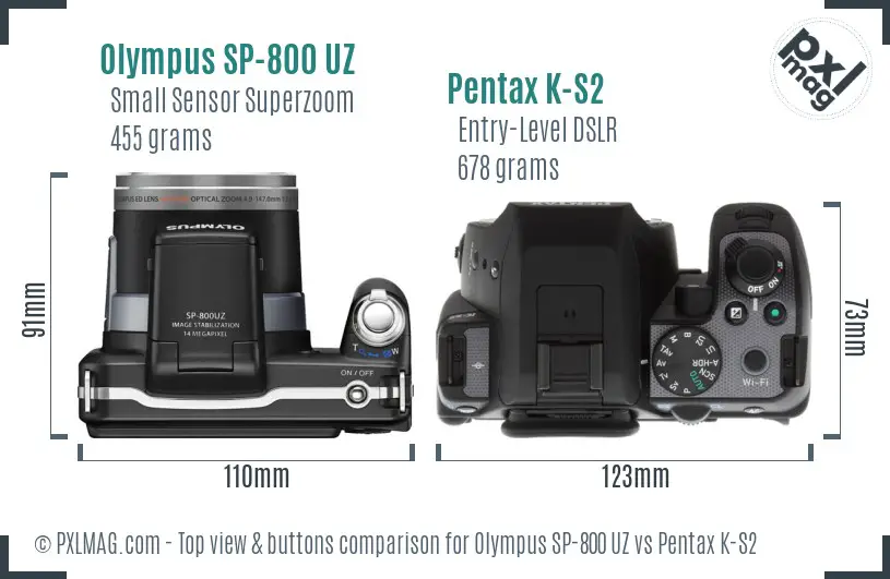 Olympus SP-800 UZ vs Pentax K-S2 top view buttons comparison