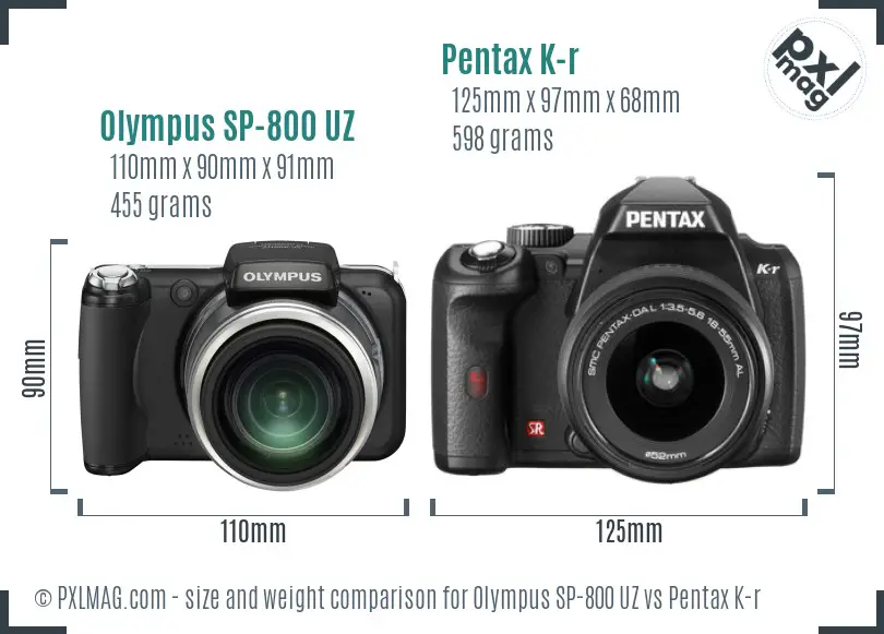 Olympus SP-800 UZ vs Pentax K-r size comparison