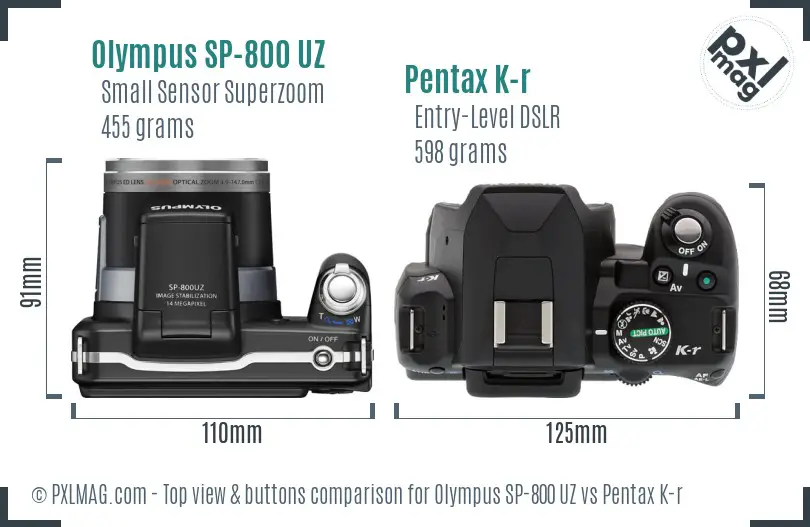 Olympus SP-800 UZ vs Pentax K-r top view buttons comparison