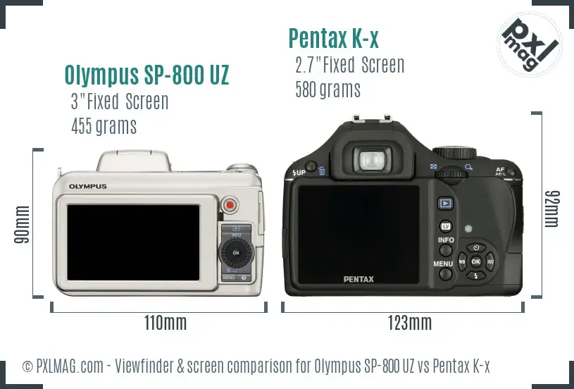 Olympus SP-800 UZ vs Pentax K-x Screen and Viewfinder comparison