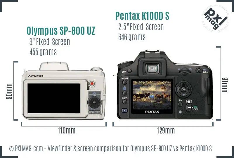 Olympus SP-800 UZ vs Pentax K100D S Screen and Viewfinder comparison