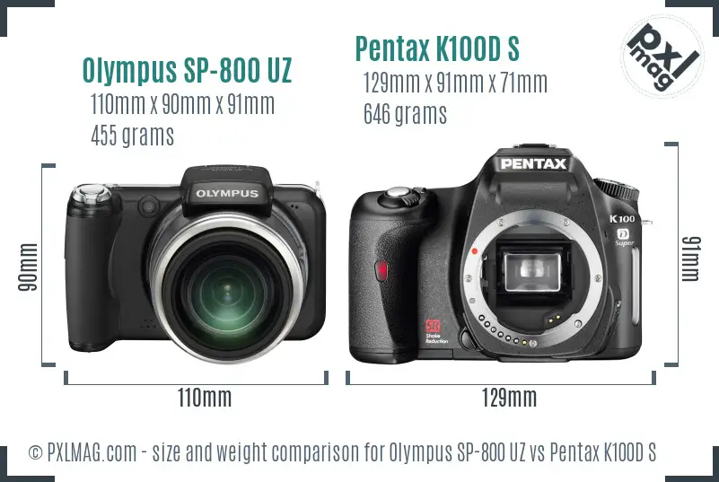 Olympus SP-800 UZ vs Pentax K100D S size comparison
