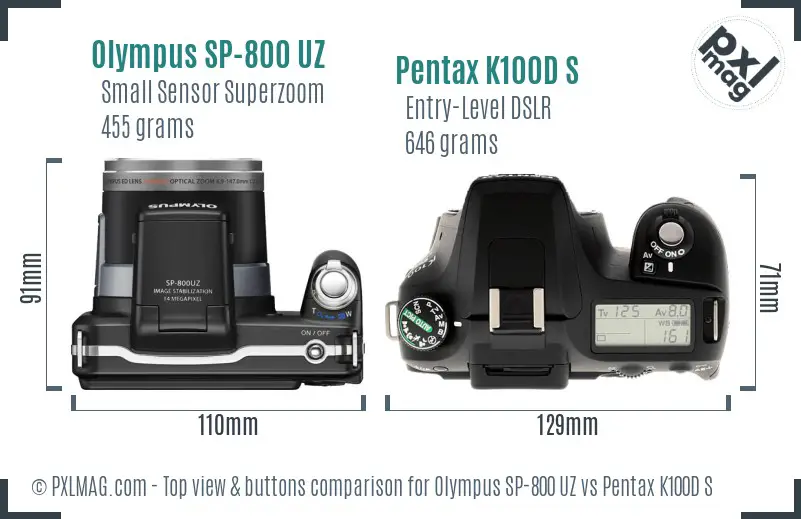 Olympus SP-800 UZ vs Pentax K100D S top view buttons comparison