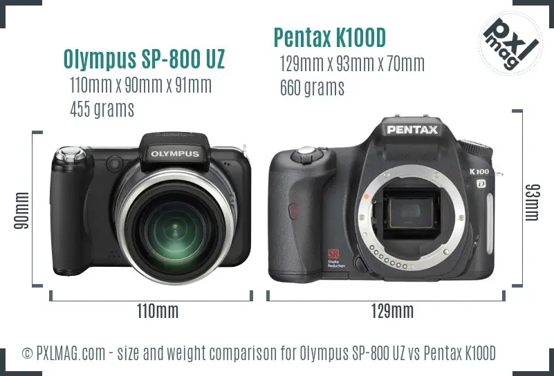 Olympus SP-800 UZ vs Pentax K100D size comparison