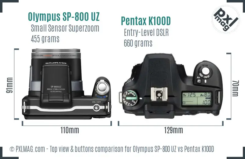 Olympus SP-800 UZ vs Pentax K100D top view buttons comparison