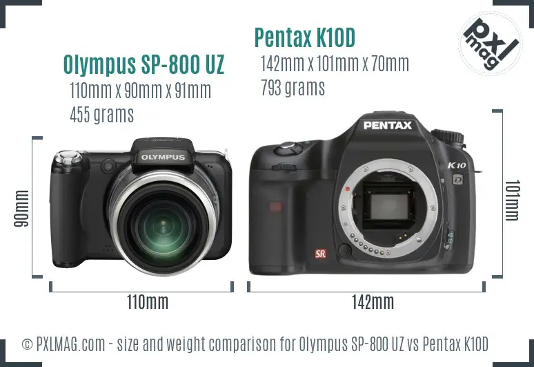 Olympus SP-800 UZ vs Pentax K10D size comparison