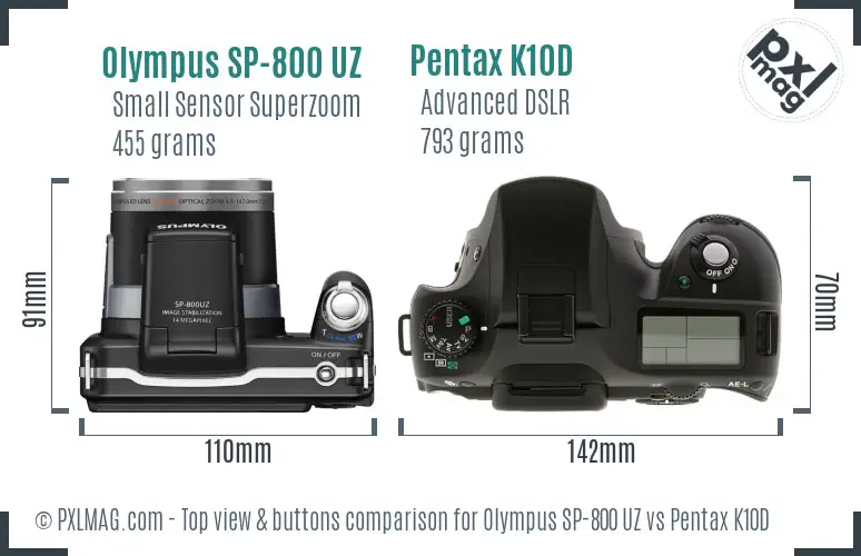 Olympus SP-800 UZ vs Pentax K10D top view buttons comparison