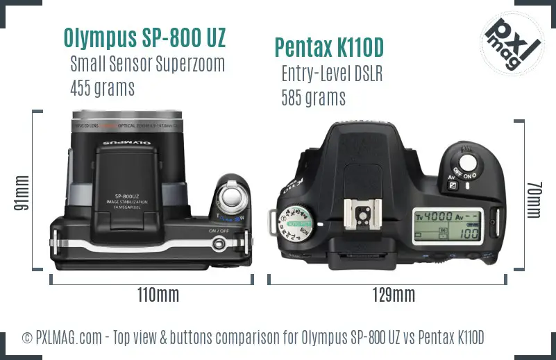 Olympus SP-800 UZ vs Pentax K110D top view buttons comparison