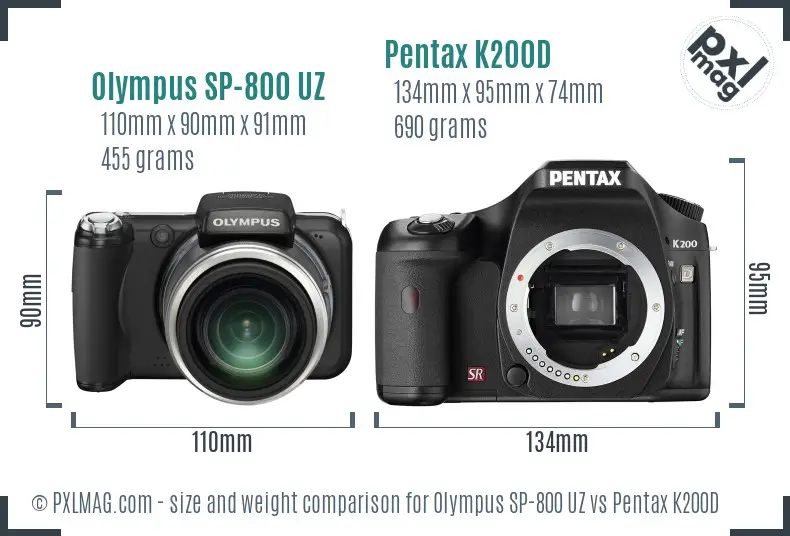 Olympus SP-800 UZ vs Pentax K200D size comparison