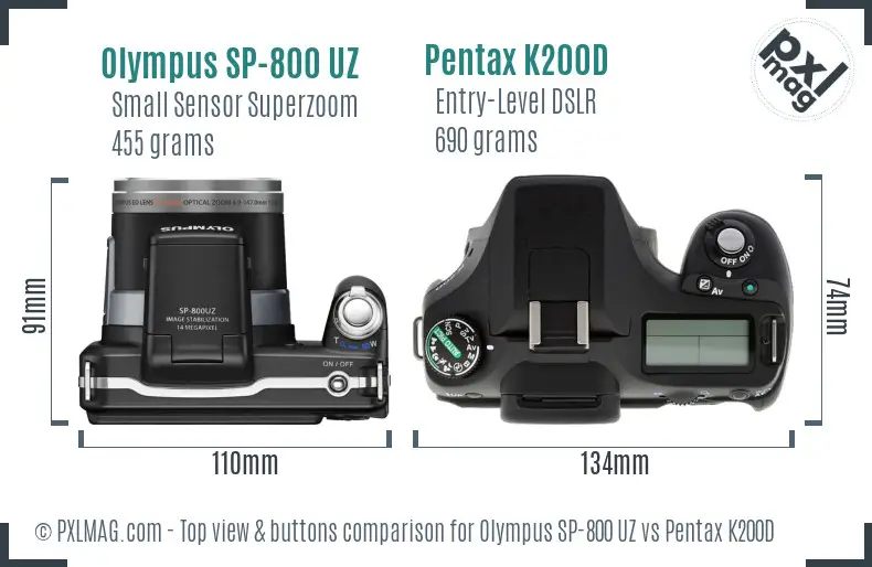 Olympus SP-800 UZ vs Pentax K200D top view buttons comparison