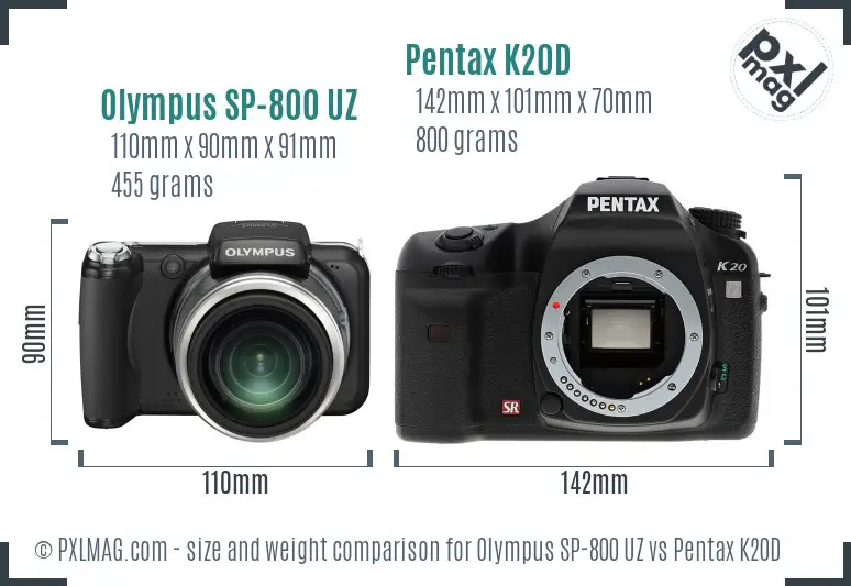 Olympus SP-800 UZ vs Pentax K20D size comparison