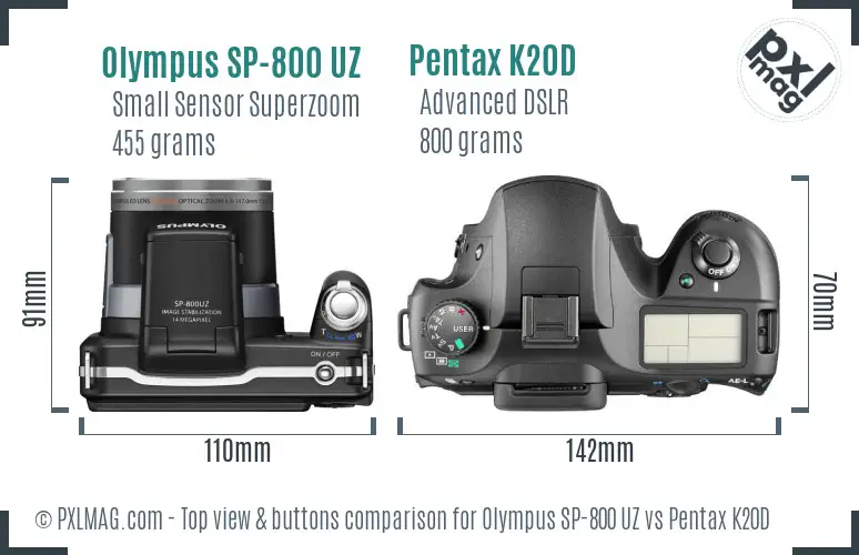 Olympus SP-800 UZ vs Pentax K20D top view buttons comparison