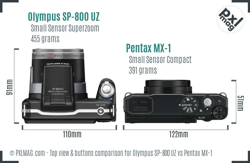 Olympus SP-800 UZ vs Pentax MX-1 top view buttons comparison