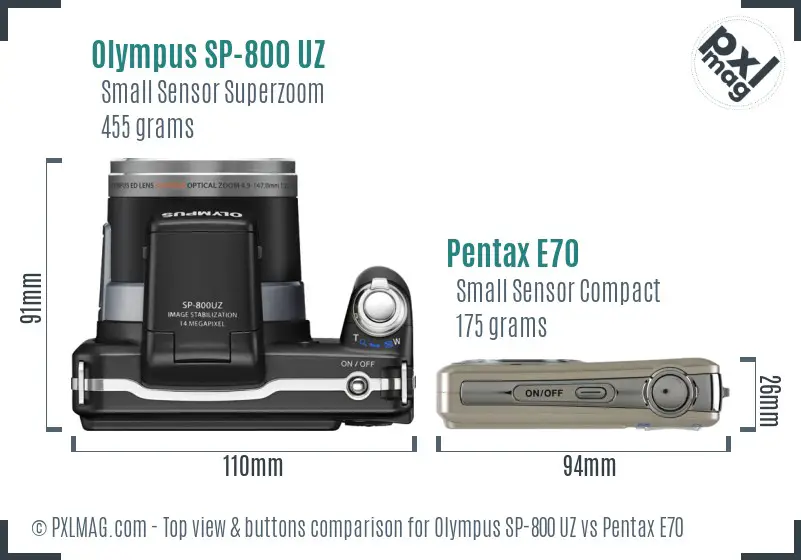 Olympus SP-800 UZ vs Pentax E70 top view buttons comparison
