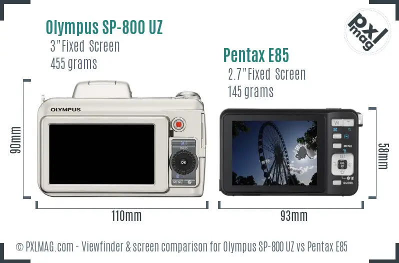 Olympus SP-800 UZ vs Pentax E85 Screen and Viewfinder comparison
