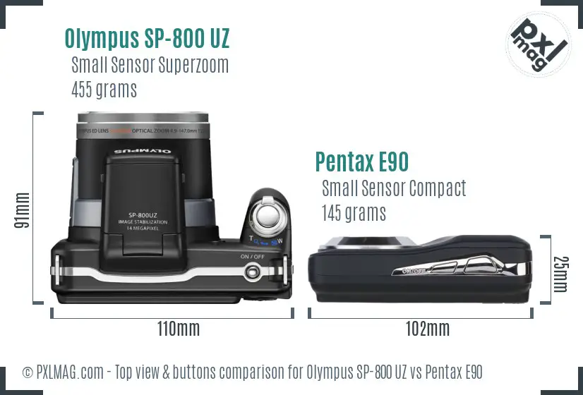 Olympus SP-800 UZ vs Pentax E90 top view buttons comparison