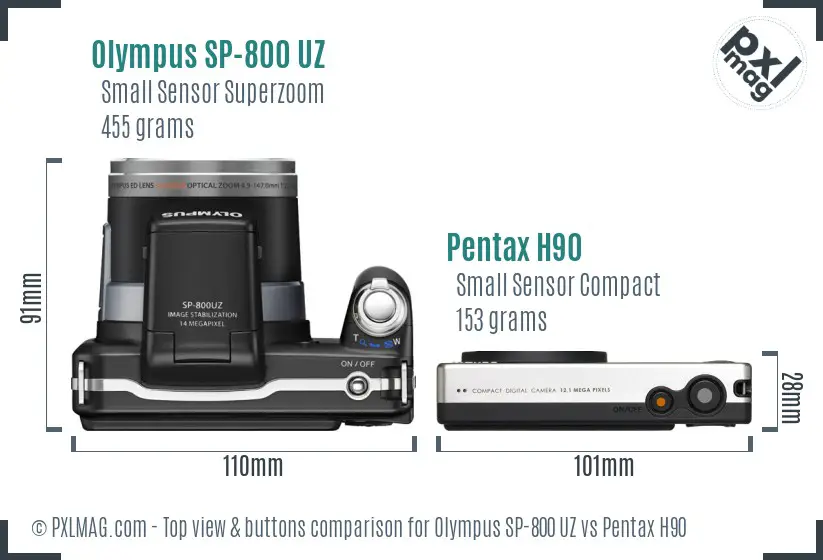 Olympus SP-800 UZ vs Pentax H90 top view buttons comparison