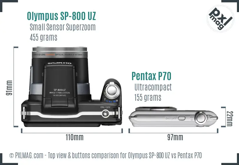 Olympus SP-800 UZ vs Pentax P70 top view buttons comparison