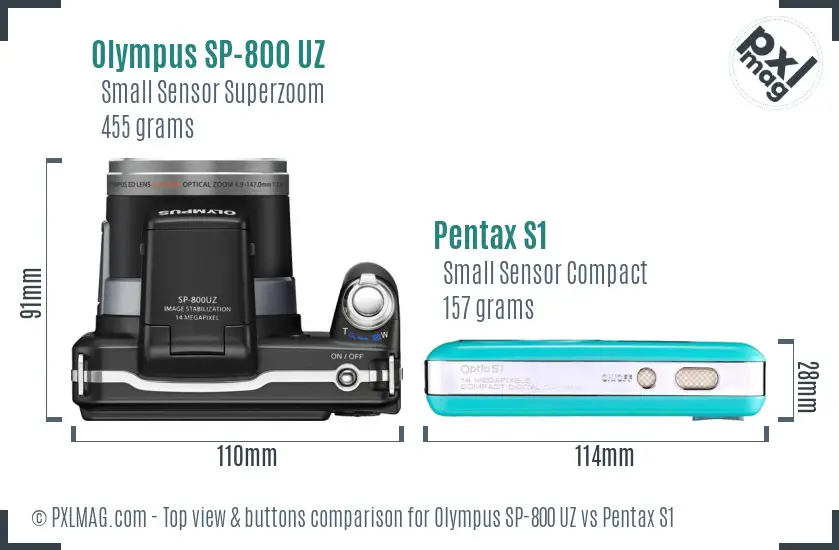 Olympus SP-800 UZ vs Pentax S1 top view buttons comparison