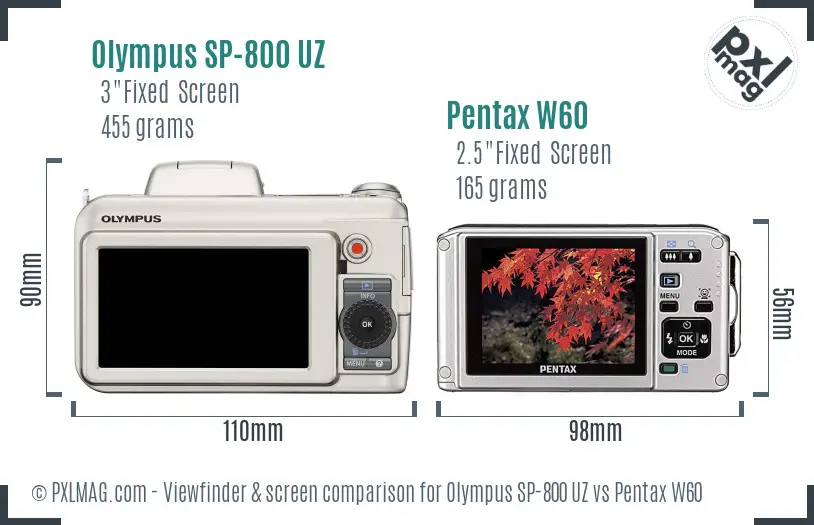 Olympus SP-800 UZ vs Pentax W60 Screen and Viewfinder comparison