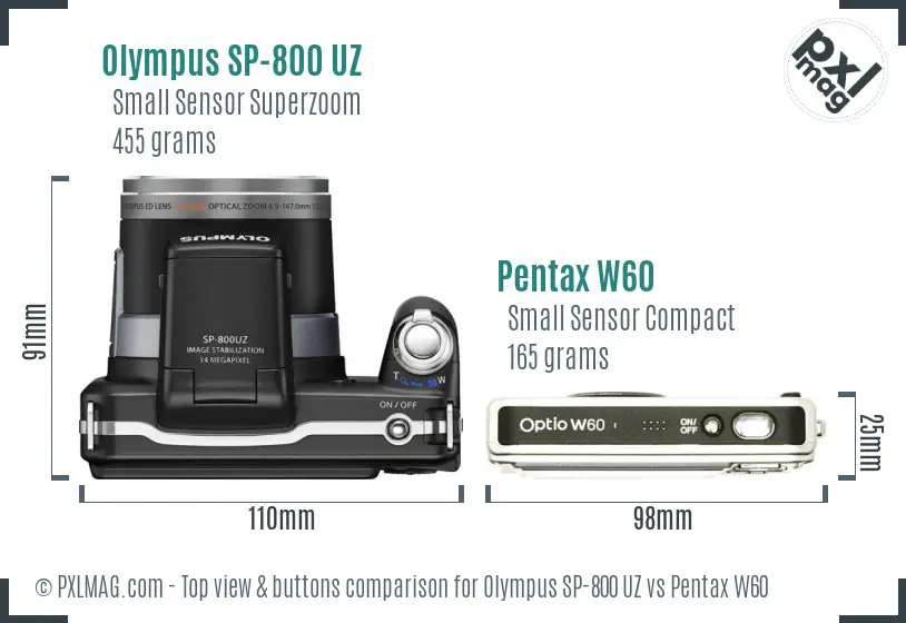 Olympus SP-800 UZ vs Pentax W60 top view buttons comparison