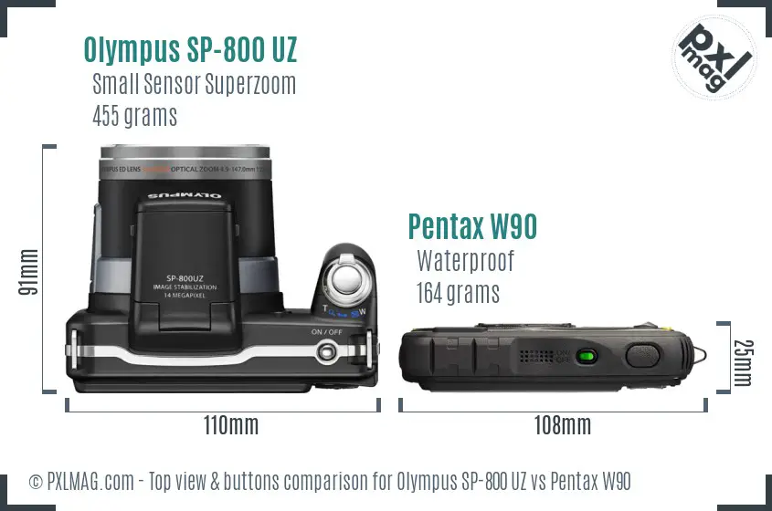 Olympus SP-800 UZ vs Pentax W90 top view buttons comparison