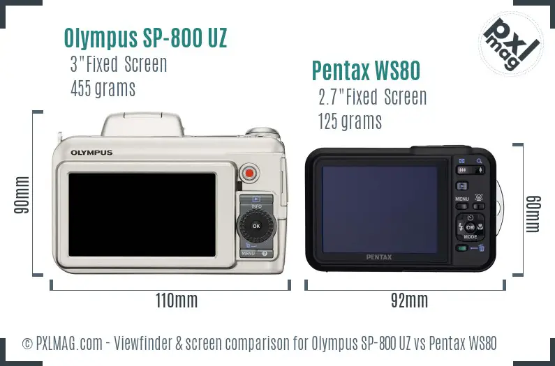Olympus SP-800 UZ vs Pentax WS80 Screen and Viewfinder comparison