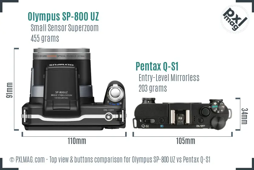 Olympus SP-800 UZ vs Pentax Q-S1 top view buttons comparison