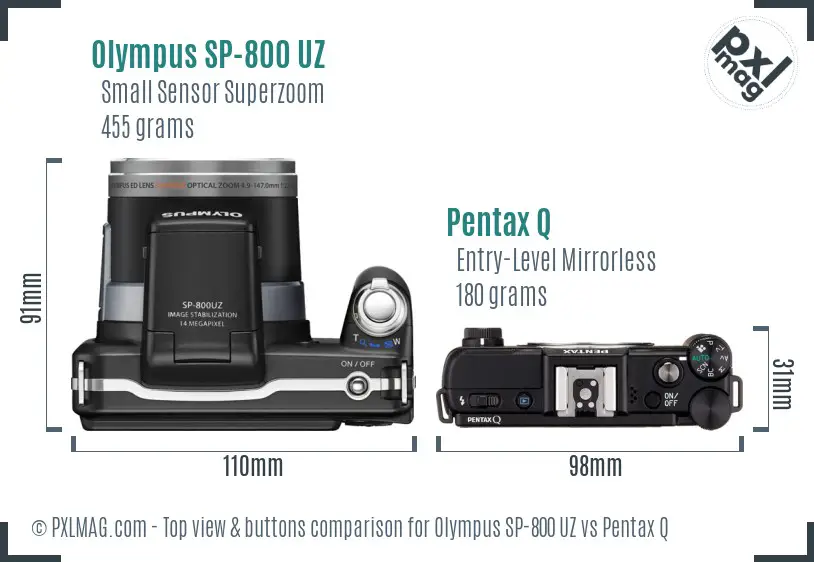 Olympus SP-800 UZ vs Pentax Q top view buttons comparison