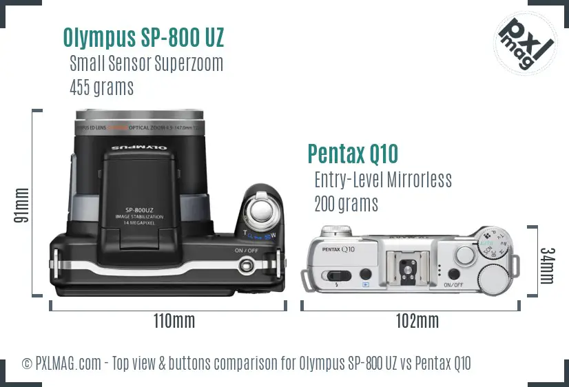 Olympus SP-800 UZ vs Pentax Q10 top view buttons comparison