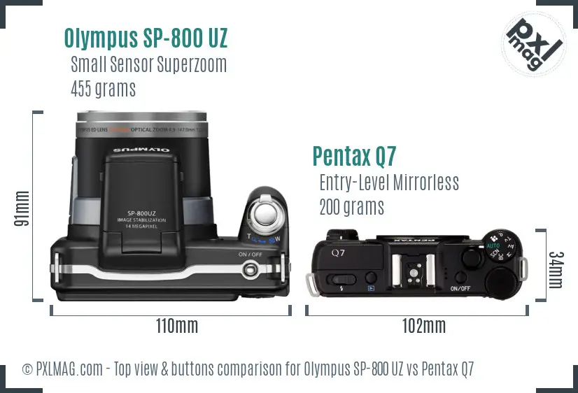 Olympus SP-800 UZ vs Pentax Q7 top view buttons comparison