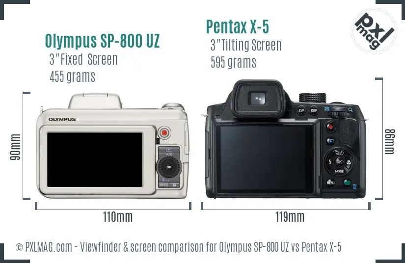 Olympus SP-800 UZ vs Pentax X-5 Screen and Viewfinder comparison