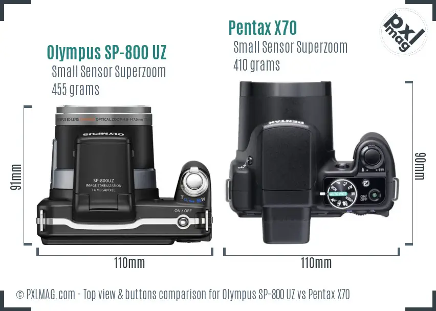 Olympus SP-800 UZ vs Pentax X70 top view buttons comparison