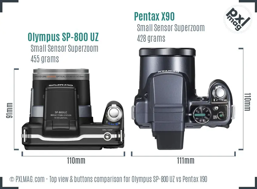 Olympus SP-800 UZ vs Pentax X90 top view buttons comparison