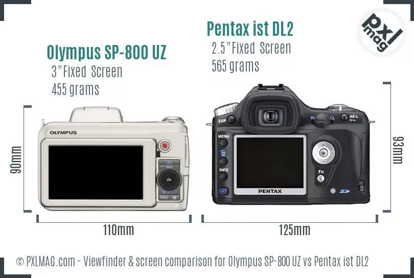 Olympus SP-800 UZ vs Pentax ist DL2 Screen and Viewfinder comparison