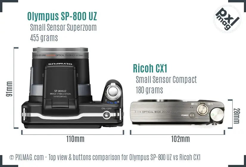Olympus SP-800 UZ vs Ricoh CX1 top view buttons comparison