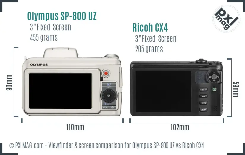Olympus SP-800 UZ vs Ricoh CX4 Screen and Viewfinder comparison