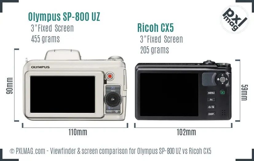 Olympus SP-800 UZ vs Ricoh CX5 Screen and Viewfinder comparison