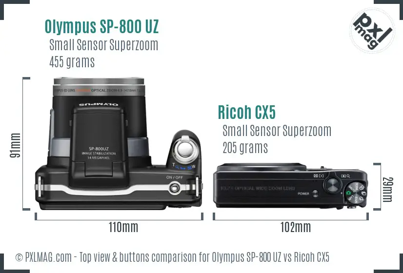 Olympus SP-800 UZ vs Ricoh CX5 top view buttons comparison