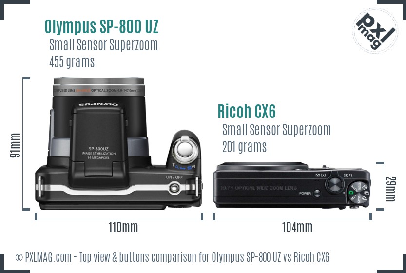 Olympus SP-800 UZ vs Ricoh CX6 top view buttons comparison