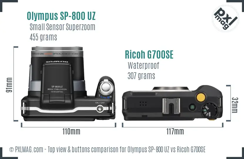 Olympus SP-800 UZ vs Ricoh G700SE top view buttons comparison