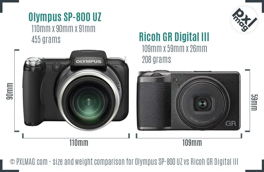 Olympus SP-800 UZ vs Ricoh GR Digital III size comparison Olympus SP-800 UZ vs Ricoh GR Digital III size comparison